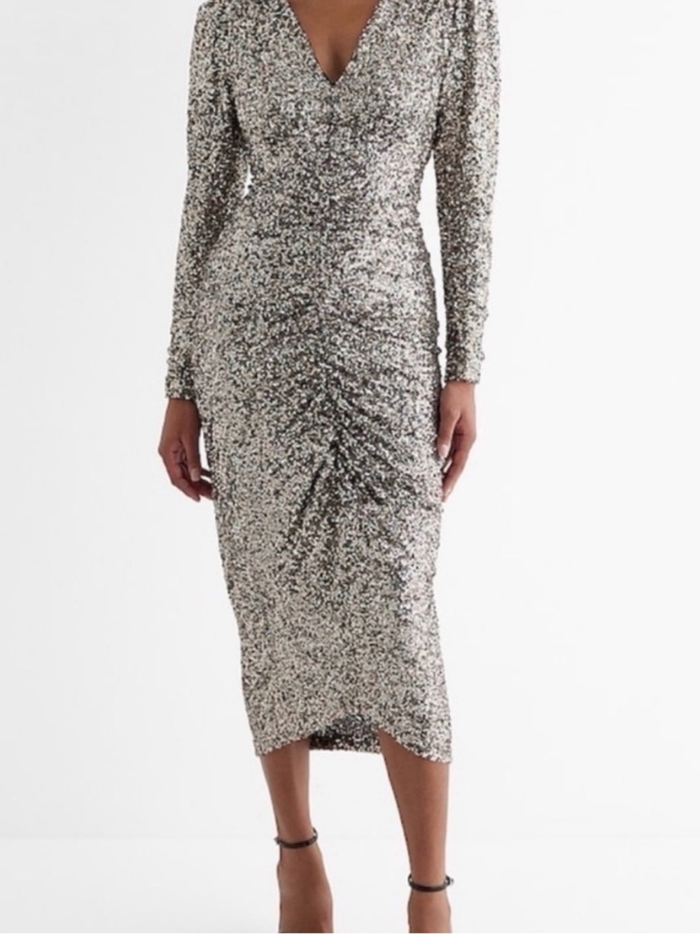 Express Silver Sequin Long-Sleeve V-Neck Midi Dress